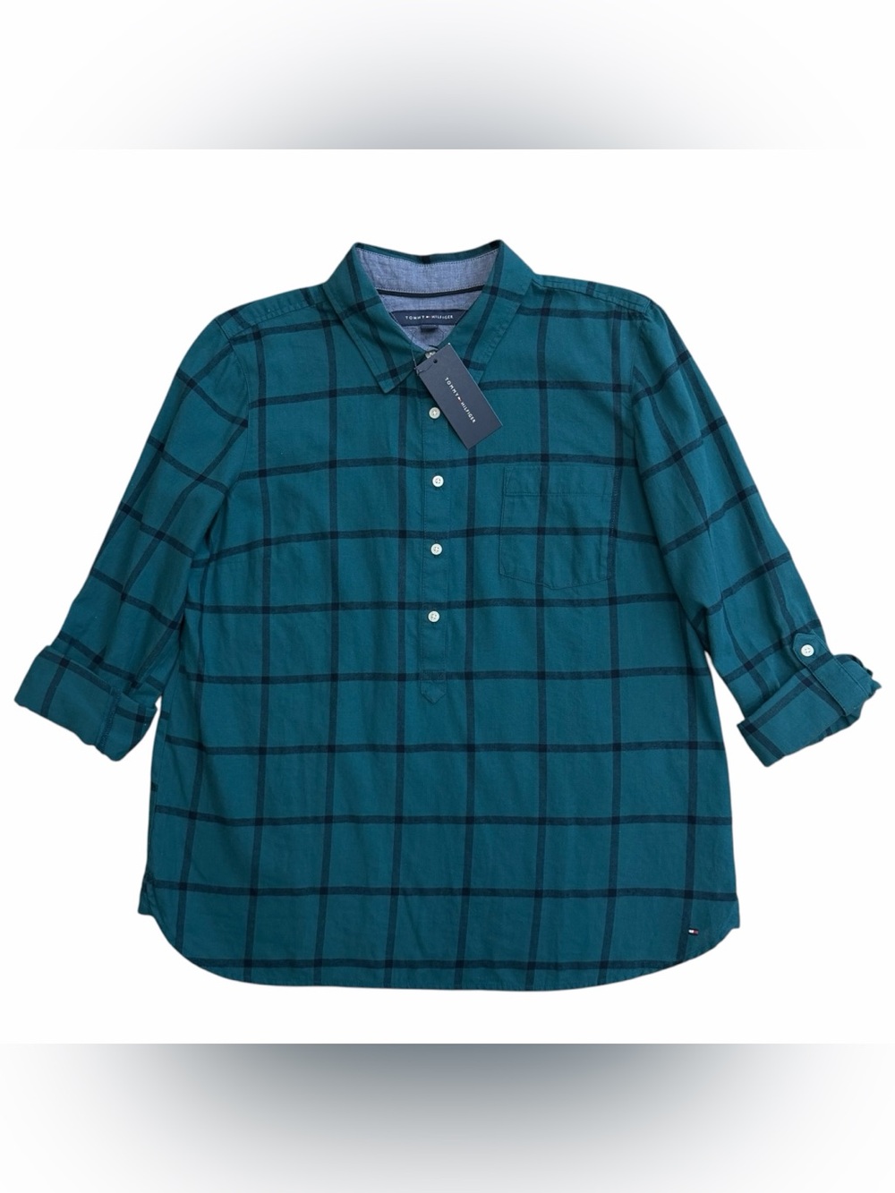 Tommy Hilfiger Women's Green & Black Plaid Half Button Roll Up Sleeve Shirt Sz L